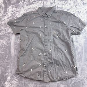 Prana Men's Gray Broderick Slim Fit Button Up Palm Tree Shark Print Size Large
